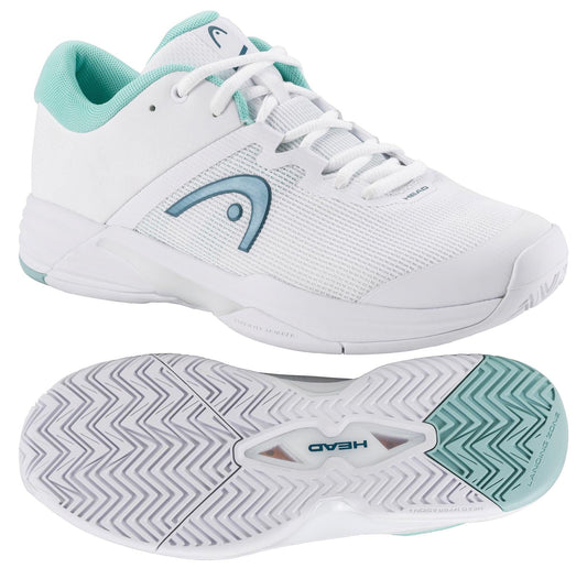 HEAD Revolt Evo 2.0 Women's Tennis Shoes in white with turquoise accents feature a lightweight, breathable mesh upper and branding on the side. Display shows the top view and zigzag tread pattern on the sole.