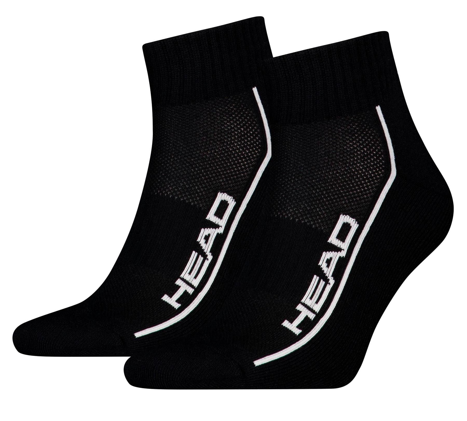 The HEAD Performance Quarter Tennis Socks - Black (2 Pack) feature the "HEAD" logo in white on the side, a white outline detail, and a cushioned sole for comfort.
