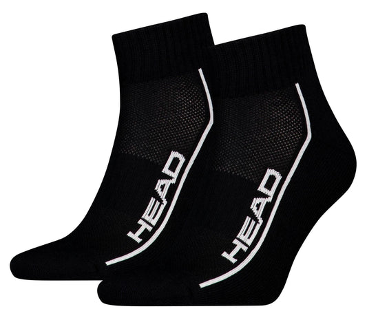 The HEAD Performance Quarter Tennis Socks - Black (2 Pack) feature the "HEAD" logo in white on the side, a white outline detail, and a cushioned sole for comfort.