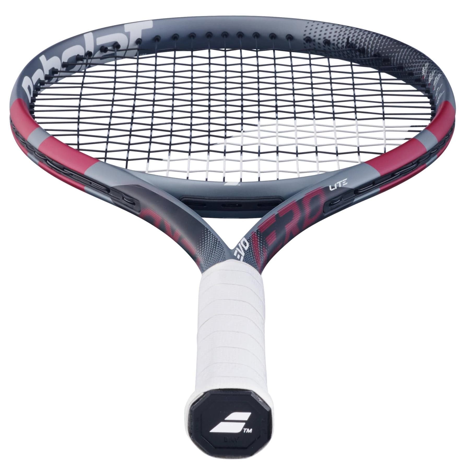 A close-up of the Babolat Evo Aero Lite Pink 2026 Tennis Racket features a lightweight design, pink frame, white grip, and black strings, shown from the handle toward the head.