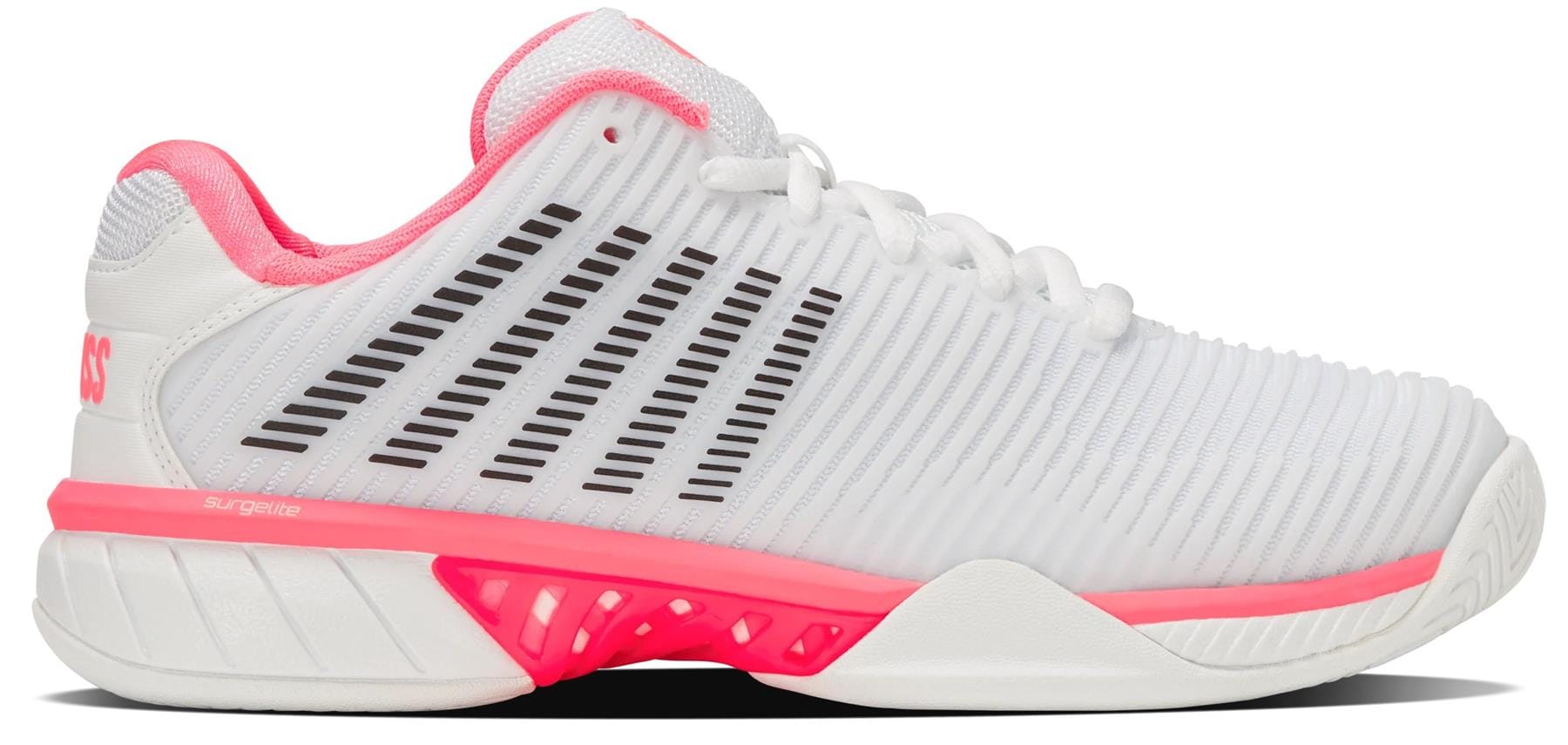 The K-Swiss Hypercourt Express 2 Women's Tennis Shoes in White/Pastel Pink/Black feature a ribbed texture, black stripes, pink accents on the heel, midsole & laces, and a treaded white outsole for cushioning and stability.