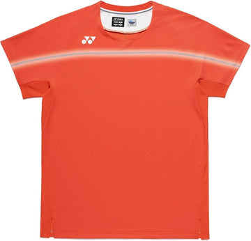 The Yonex 10711YX Crew Neck Men's Tennis T-Shirt in Cyber Orange is a short-sleeve performer with a white logo on each chest and a thin white stripe across the upper chest—perfect sportswear for athletes.