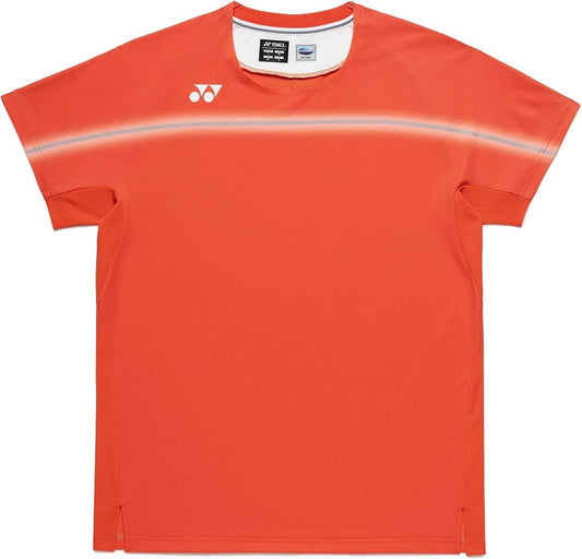The Yonex 10711YX Crew Neck Men's Tennis T-Shirt in Cyber Orange is a short-sleeve performer with a white logo on each chest and a thin white stripe across the upper chest—perfect sportswear for athletes.