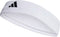 The adidas Tennis Headband - White features a black adidas logo, is made from recycled materials for sustainability, and offers sweat absorption. Displayed against a plain background.