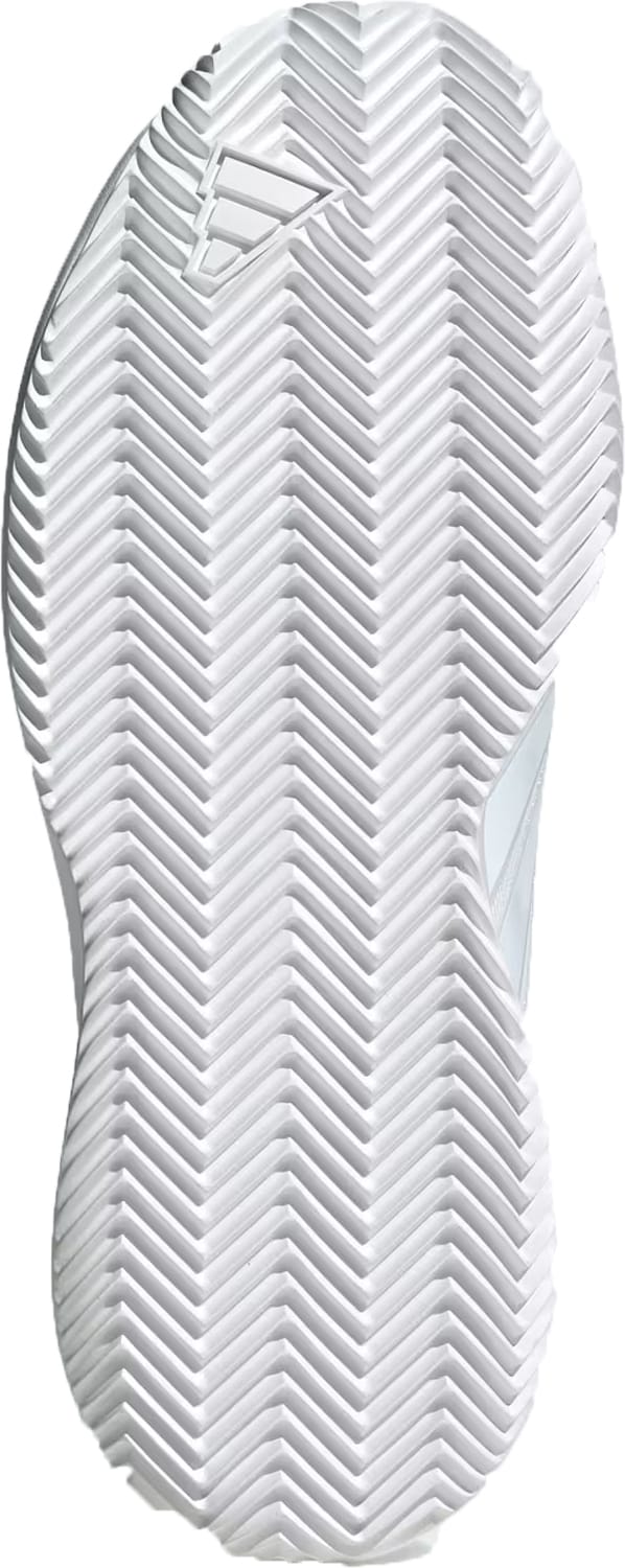 The image shows the white rubber outsole of the adidas AvaFlash 2 Women's Tennis Shoes in Cloud White/Silver Metallic, featuring a herringbone tread and an embossed adidas logo near the heel, emphasizing their lightweight design.
