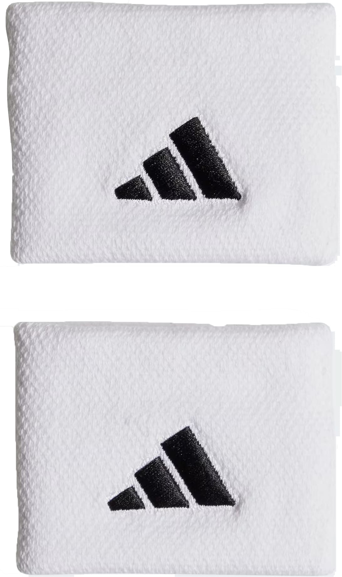 The adidas Small Tennis Wristband - White features the black three-stripe logo and is crafted from recycled materials, blending style and sustainability. Displayed simply, this accessory reflects adidas' commitment to eco-friendly sportswear.