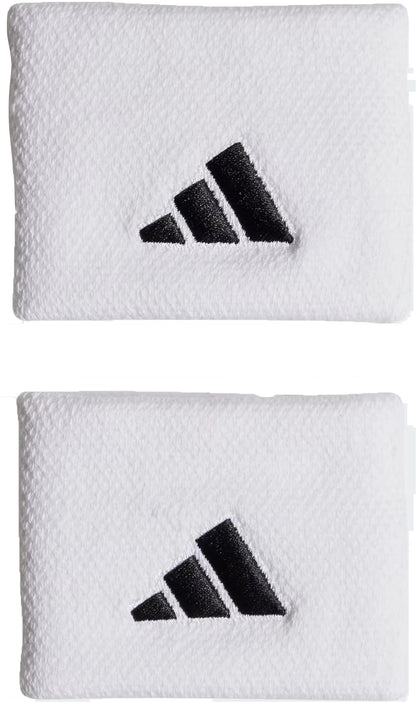 The adidas Small Tennis Wristband - White features the black three-stripe logo and is crafted from recycled materials, blending style and sustainability. Displayed simply, this accessory reflects adidas' commitment to eco-friendly sportswear.