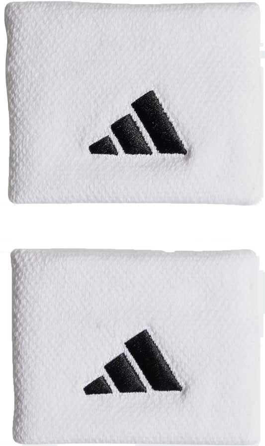 The adidas Small Tennis Wristband - White features the black three-stripe logo and is crafted from recycled materials, blending style and sustainability. Displayed simply, this accessory reflects adidas' commitment to eco-friendly sportswear.