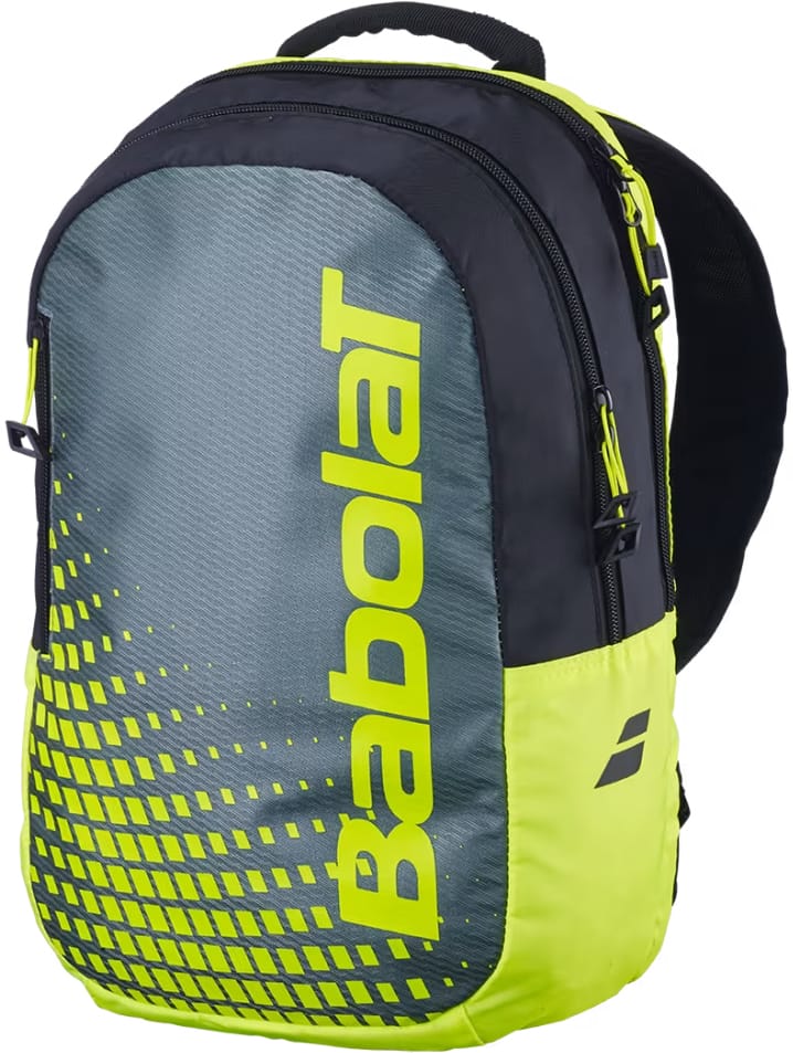 The Babolat Kids Tennis Backpack in Metallic Grey and Fluo Yellow features a bold yellow Babolat logo on the front and a zippered main compartment, making it a stylish and practical tennis bag for children.