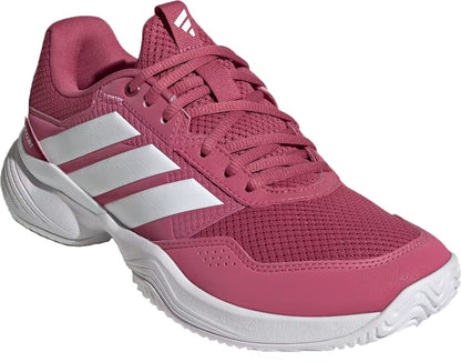 The adidas GameCourt 3 Women's Tennis Shoe in Dual Magenta and Cloud White features white laces, three signature white stripes, a textured white sole, and is lightweight—ideal for all-court tennis play.