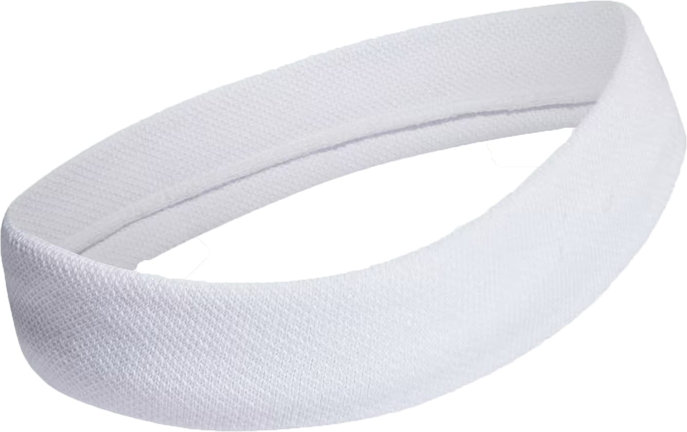The adidas Tennis Headband - White, by adidas, is a soft, sweat-absorbing headband shown on a white background—perfect for staying dry during intense workouts.