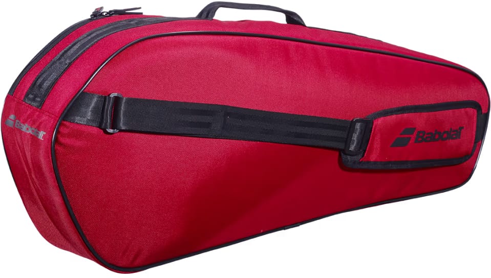 The Babolat Court XS 3 Racket Tennis Bag in Burgundy and Black features a compact design with a shoulder strap and zippered compartments, combining convenience and style for tennis enthusiasts.