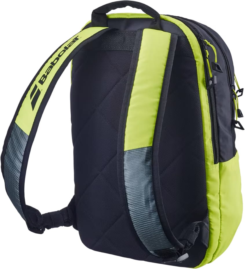 A Babolat Kids Tennis Backpack in metallic grey and fluo yellow is shown from the back, featuring padded shoulder straps with the Babolat brand name, a quilted mesh back panel, and a top carrying handle—making it an ideal tennis backpack for young players.
