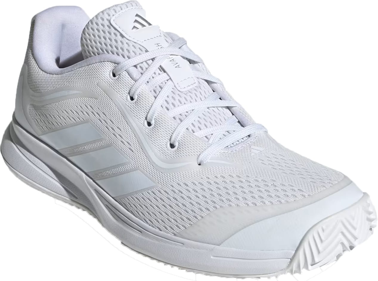 The adidas AvaFlash 2 Womens Tennis Shoes in Cloud White/Silver Metallic feature mesh fabric, synthetic overlays, a textured sole, iconic tongue logo, and three side stripes—perfect lightweight athletic sneakers for women.
