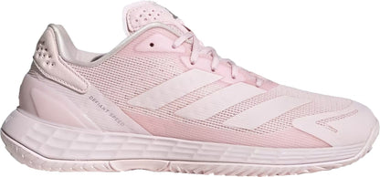 Introducing the adidas Defiant Speed 2 Women’s Tennis Shoes in Distilled Pink—a stylish sneaker featuring a mesh upper, classic lace-up design, and signature three stripes along the side. These lightweight court shoes showcase crisp white accents and the “DEFIANT SPEED” text emblazoned midway on the shoe’s side. Designed for comfort with a cushioned sole, they’re an ideal choice for women who want both performance and flair in their tennis footwear lineup.