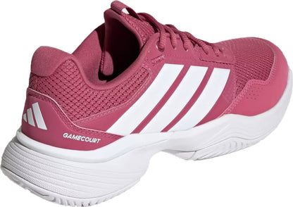 The adidas GameCourt 3 Women's Tennis Shoes in Dual Magenta/Cloud White feature a pink mesh upper, white stripes, cushioned textured sole for all-court support, and "GAMECOURT" on the side. Lightweight and stylish from adidas.