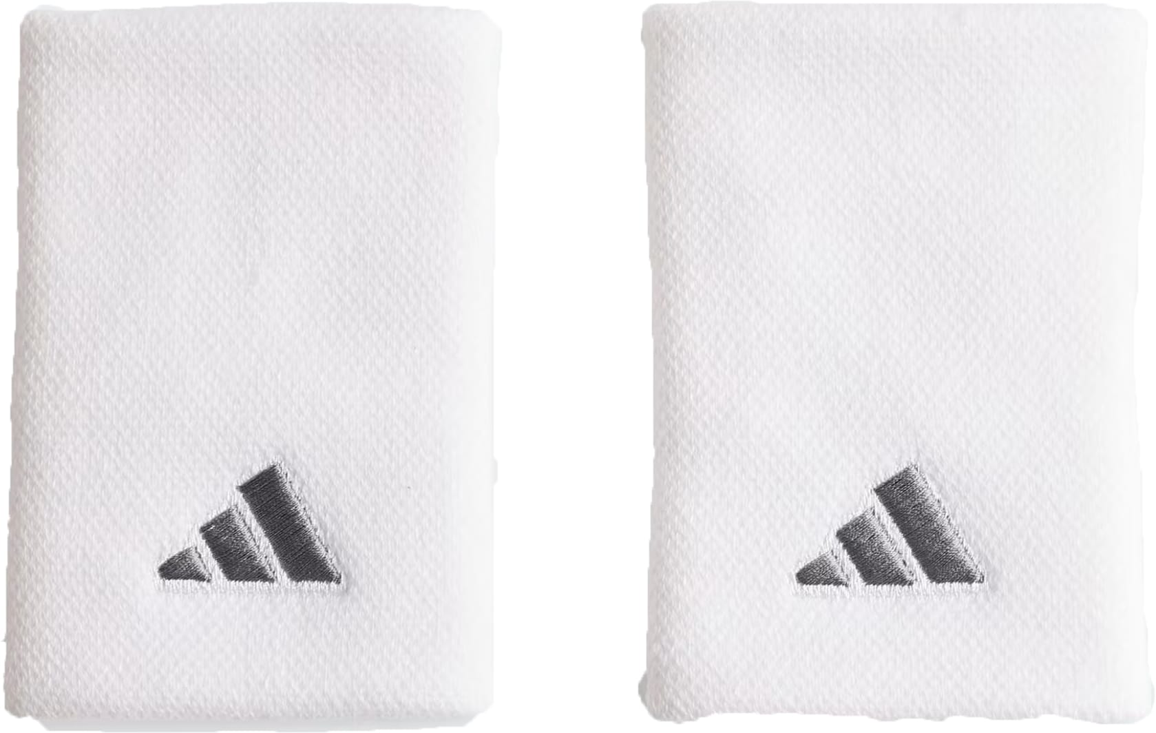 The adidas Large Tennis Wristband - White features two absorbent, white rectangular wristbands with a textured finish and a small gray adidas logo. Made with recycled content, these wristbands offer sustainable performance.