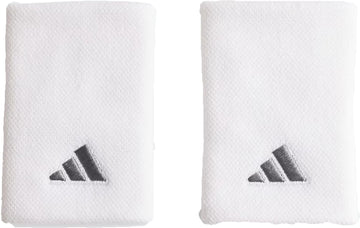 The adidas Large Tennis Wristband - White features two absorbent, white rectangular wristbands with a textured finish and a small gray adidas logo. Made with recycled content, these wristbands offer sustainable performance.