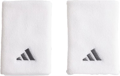 The adidas Large Tennis Wristband - White features two absorbent, white rectangular wristbands with a textured finish and a small gray adidas logo. Made with recycled content, these wristbands offer sustainable performance.