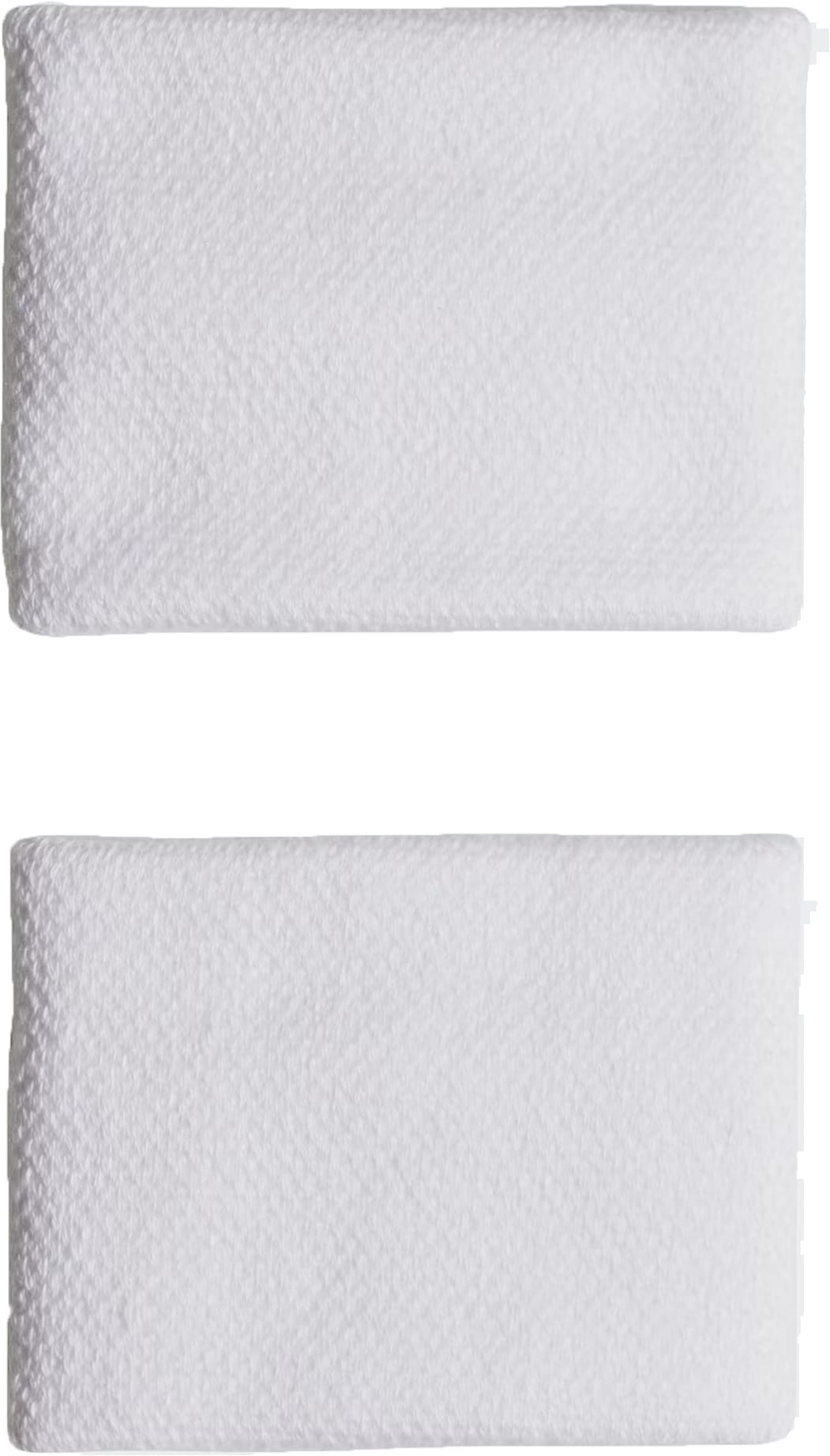 Two neatly folded white towels sit side by side on a plain white background, complemented by adidas Small Tennis Wristbands in white, made from recycled sports accessories for an added subtle, eco-friendly touch.