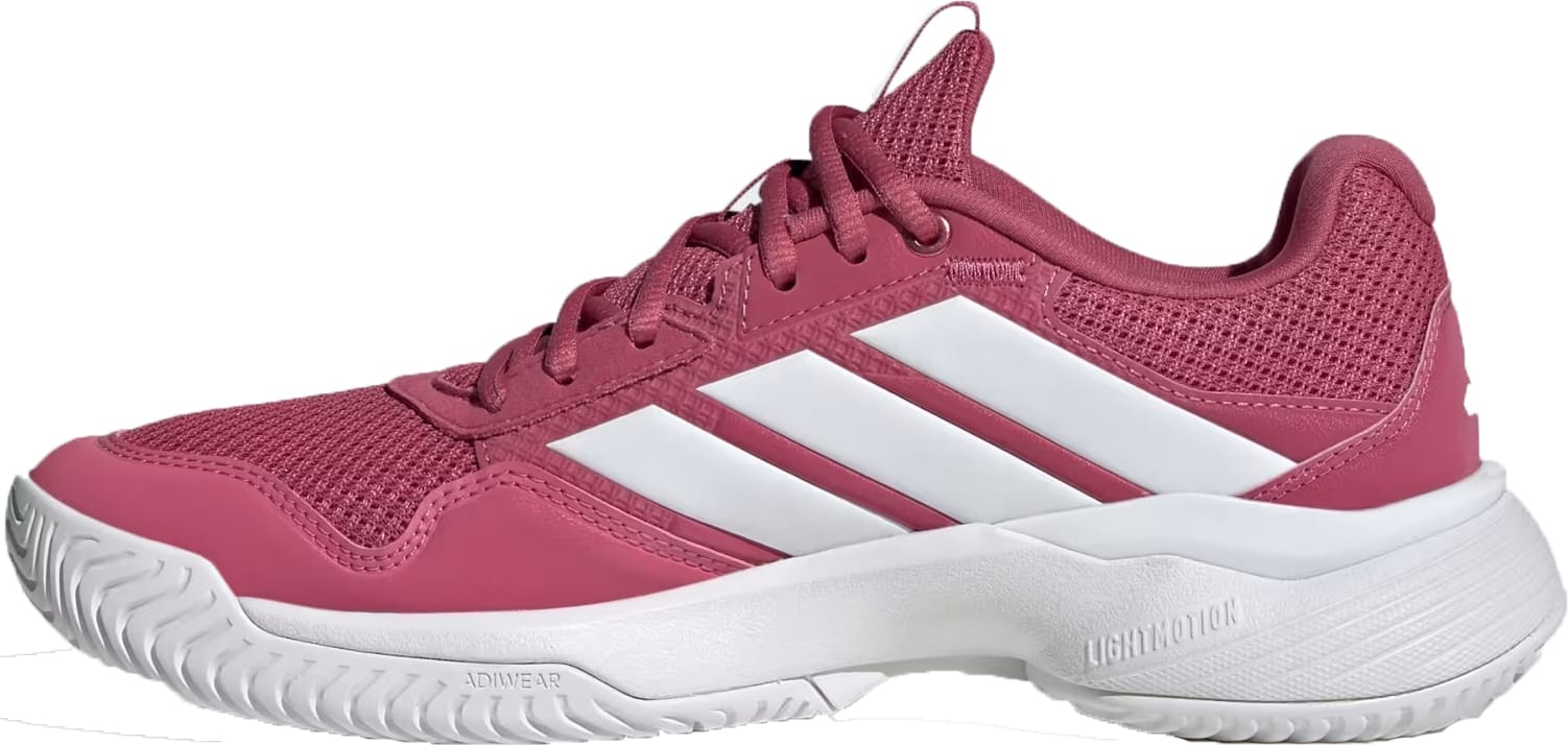 The adidas GameCourt 3 Women's Tennis Shoes in Dual Magenta/Cloud White feature a breathable mesh upper, lace closure, and lightweight design—perfect for comfort on the court. Viewed from the side, they highlight iconic white stripes and a white sole.
