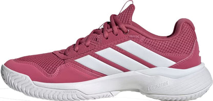 The adidas GameCourt 3 Women's Tennis Shoes in Dual Magenta/Cloud White feature a breathable mesh upper, lace closure, and lightweight design—perfect for comfort on the court. Viewed from the side, they highlight iconic white stripes and a white sole.
