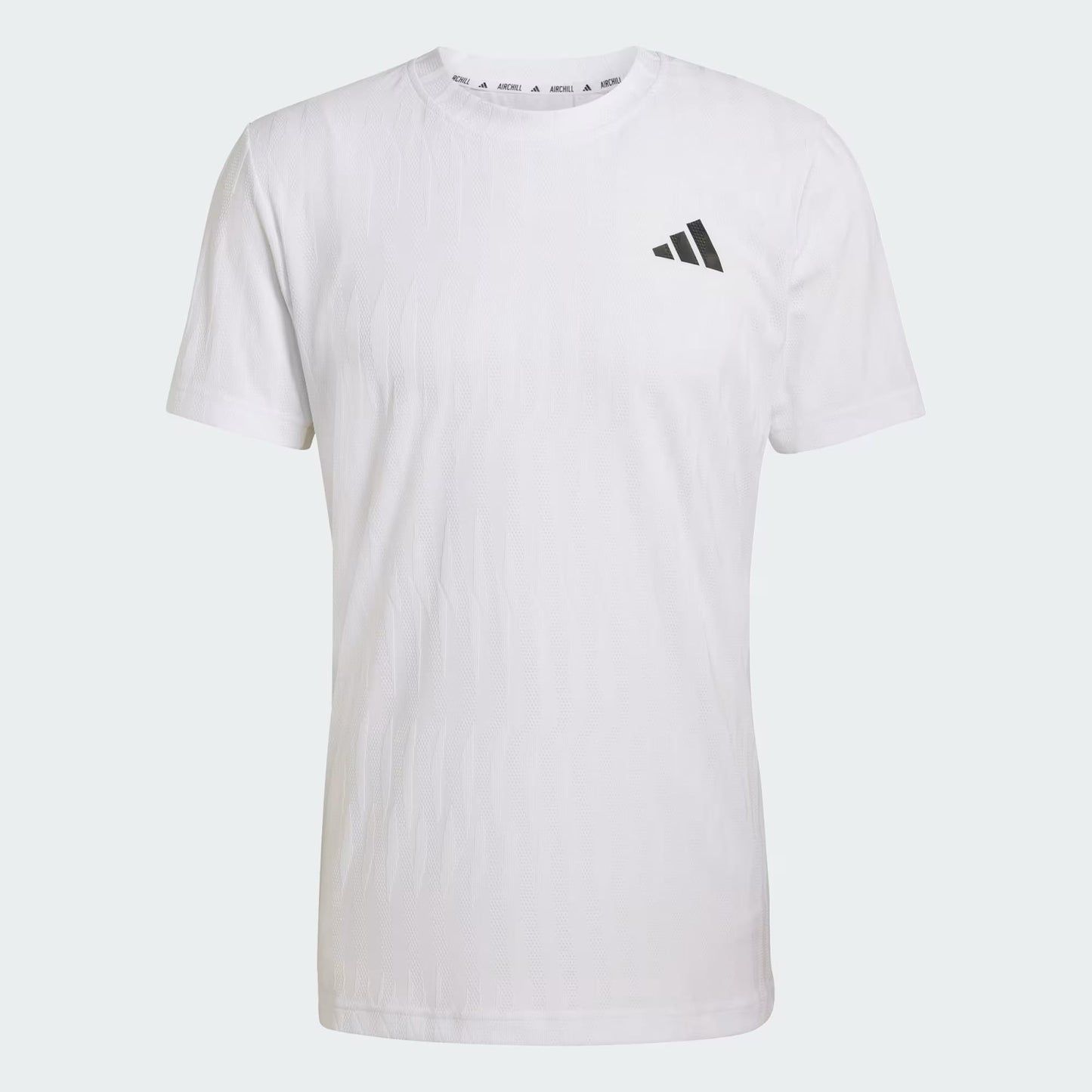 The adidas Climacool+ Airchill Freelift Men's Tennis T-Shirt in white features a small black adidas logo on the upper left chest and Climacool+ Airchill tech for breathability and performance.
