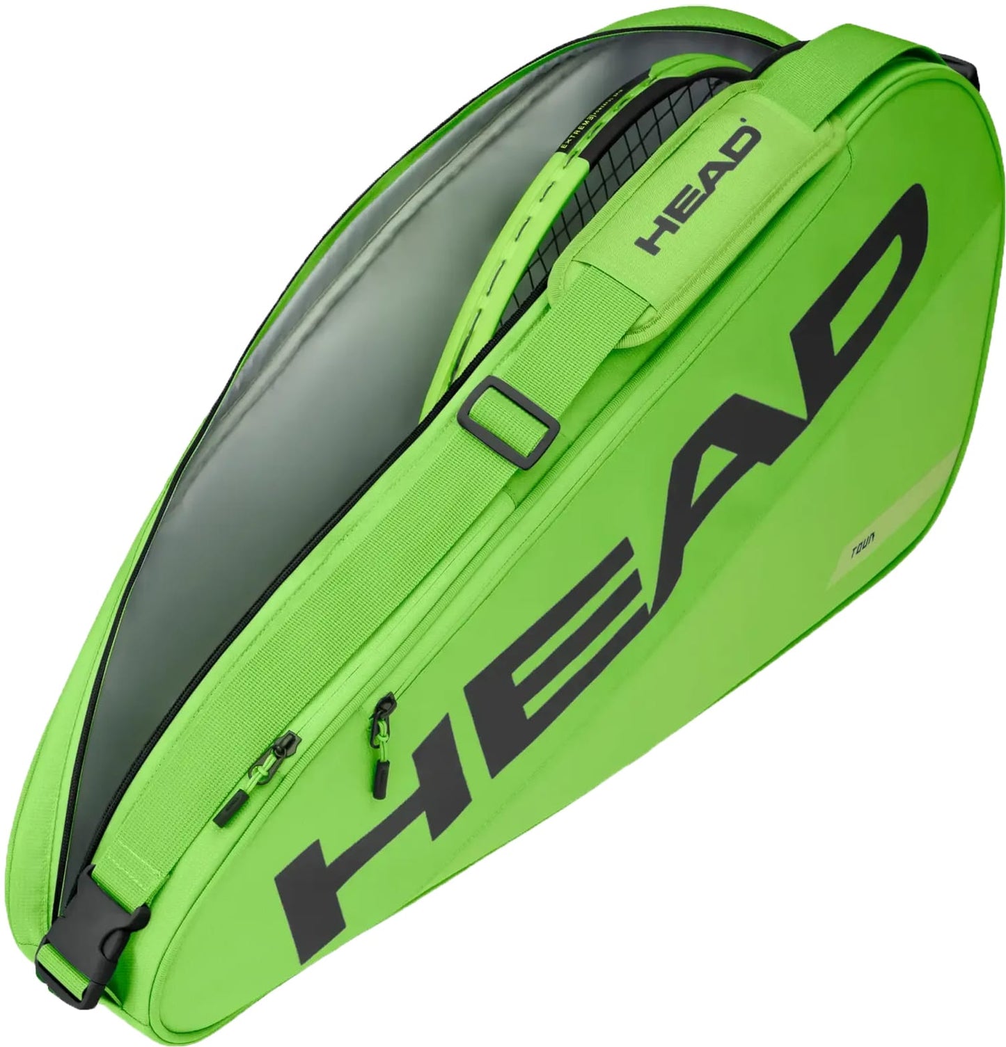A HEAD Tour 3 Racket Tennis Bag S in sharp green, featuring a large black HEAD logo, holds a tennis racquet inside. This compact bag comes with a zipper closure and a shoulder strap for convenient carrying.
