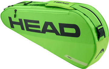 A vivid Sharp Green HEAD Tour 3 Racket Tennis Bag S is displayed against a white background. The side of this compact tennis bag features large, bold black "HEAD" lettering, a smaller "TOUR" label near the base, and a black HEAD logo at the end. Designed with a convenient backpack carry system, this practical and stylish bag from HEAD is perfect for tennis players on the move.