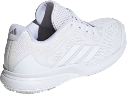 The adidas AvaFlash 2 Women’s Tennis Shoes in Cloud White/Silver Metallic feature a white mesh upper with subtle stripes, a raised sole, padded tongue and collar, heel logo, and lightweight comfort for stylish performance on the court.