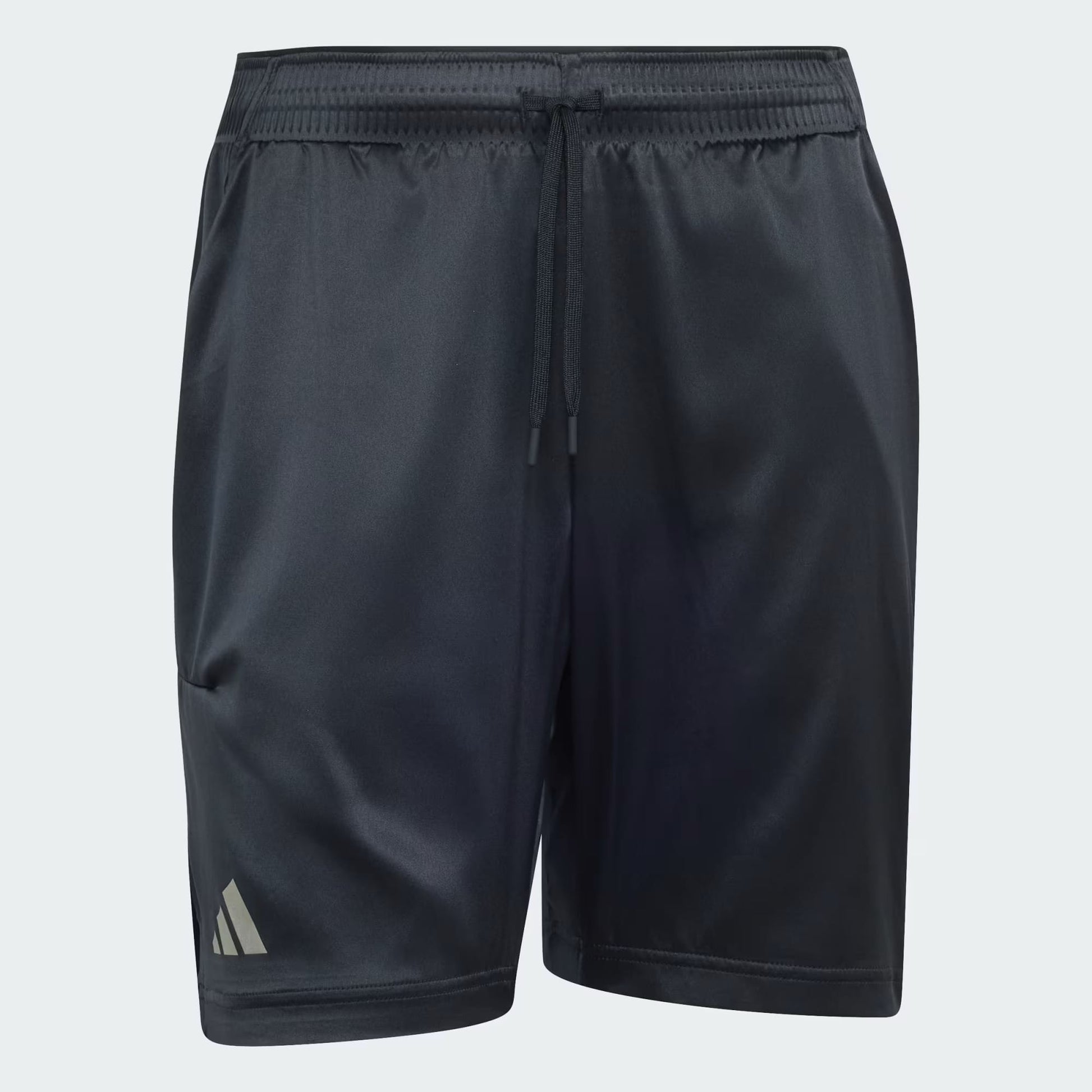 The adidas Climacool Ergo Pro Men’s Tennis Shorts in black feature an elastic waistband, drawstring, and a small silver adidas logo on the lower left leg. Displayed against a light grey background, these ergonomic tennis shorts are equipped with adidas’ Climacool technology for quick-drying comfort both on and off the court.