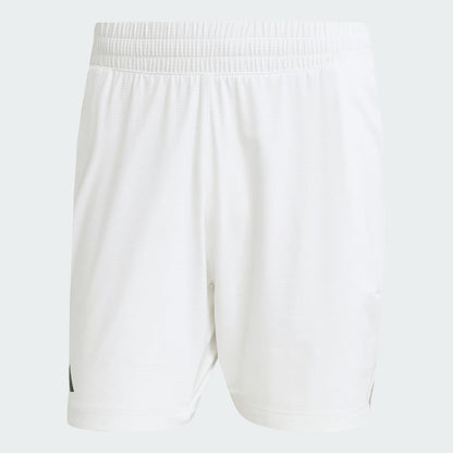 The adidas Climacool Ergo Men's Tennis Shorts in white feature a subtle textured pattern, four-way stretch, and an elastic waistband for comfort and mobility. Shown against a light gray background.
