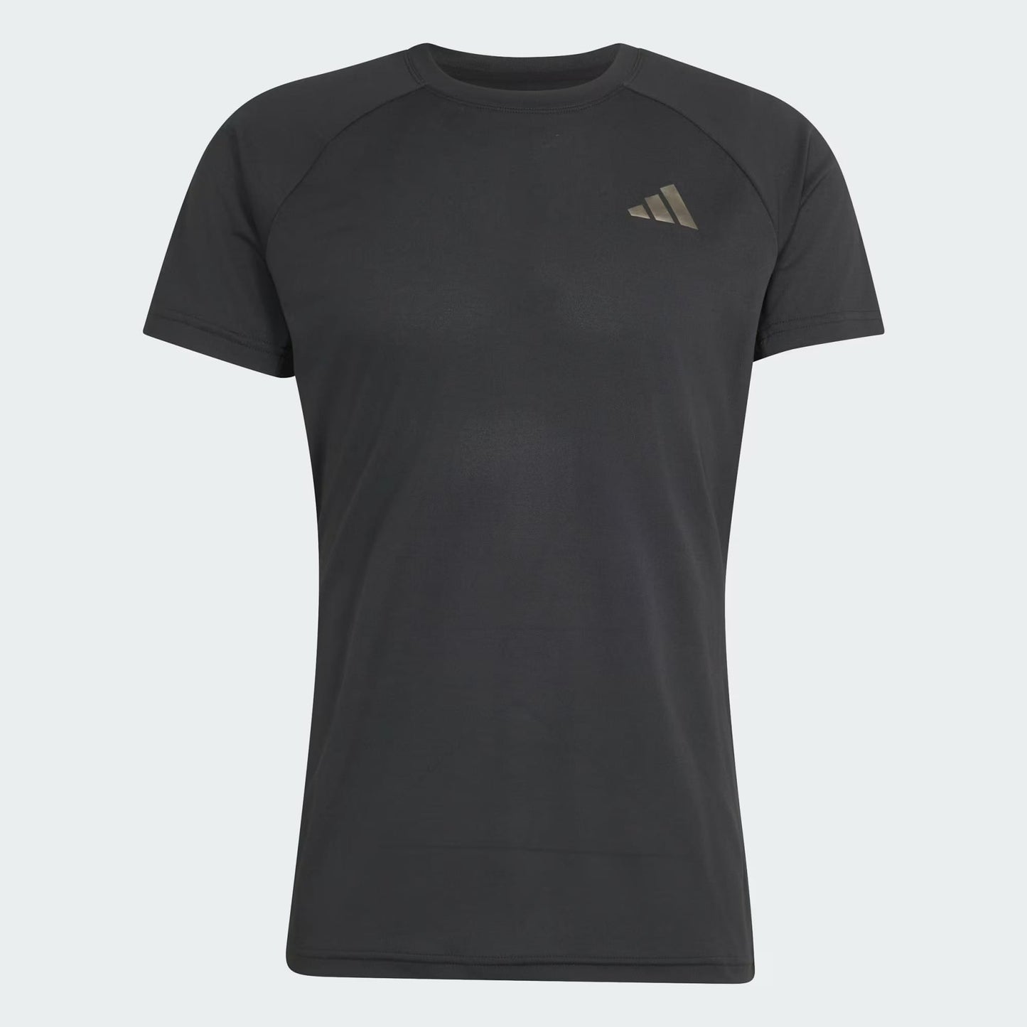 A plain black adidas Climacool+ Freelift Pro Men’s Tennis T-Shirt featuring a small, light-colored adidas logo on the left chest is displayed on a white background. This shirt is designed for comfort and breathability both on and off the court.