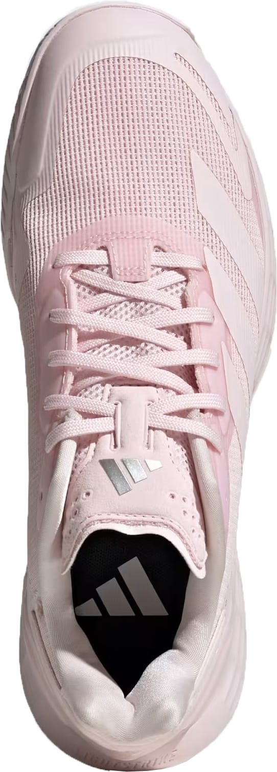 Top view of the adidas Defiant Speed 2 Womens Tennis Shoes in Distilled Pink, featuring classic white adidas stripes on the side, white laces, and a black tongue with the adidas logo—these lightweight shoes are perfect for any women’s tennis shoe collection.