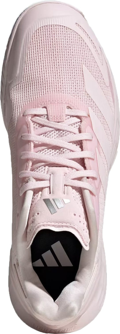 Top view of the adidas Defiant Speed 2 Womens Tennis Shoes in Distilled Pink, featuring classic white adidas stripes on the side, white laces, and a black tongue with the adidas logo—these lightweight shoes are perfect for any women’s tennis shoe collection.