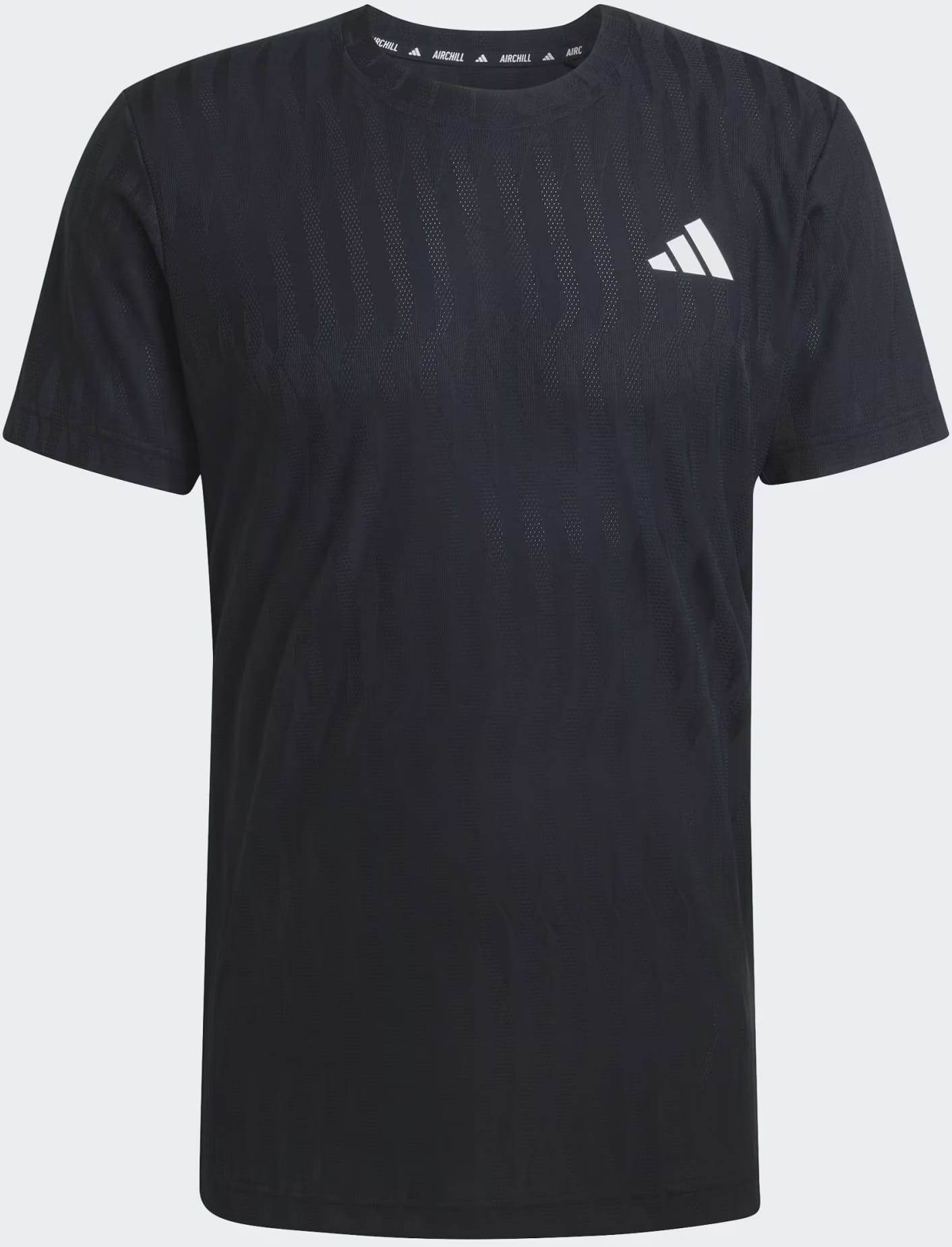 The adidas Climacool+ Airchill Freelift Men's Tennis T-Shirt in black features a white adidas logo on the left chest and subtle mesh texture for moisture-wicking breathability.