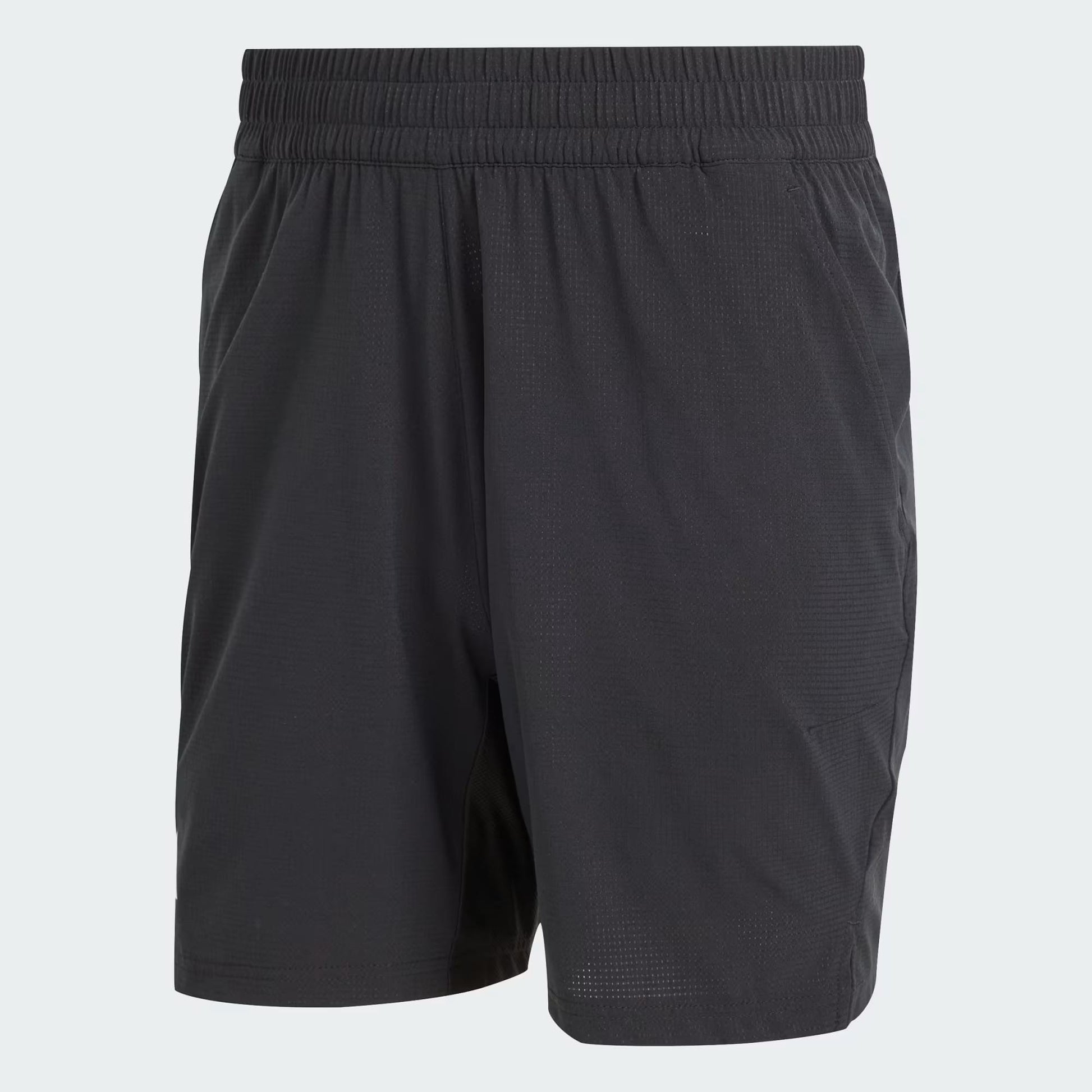 The adidas Climacool Ergo Men's Tennis Shorts in black feature an elastic waistband and sweat-wicking fabric. Designed without logos or patterns, they're shown on a plain light background for a clean, simple look.