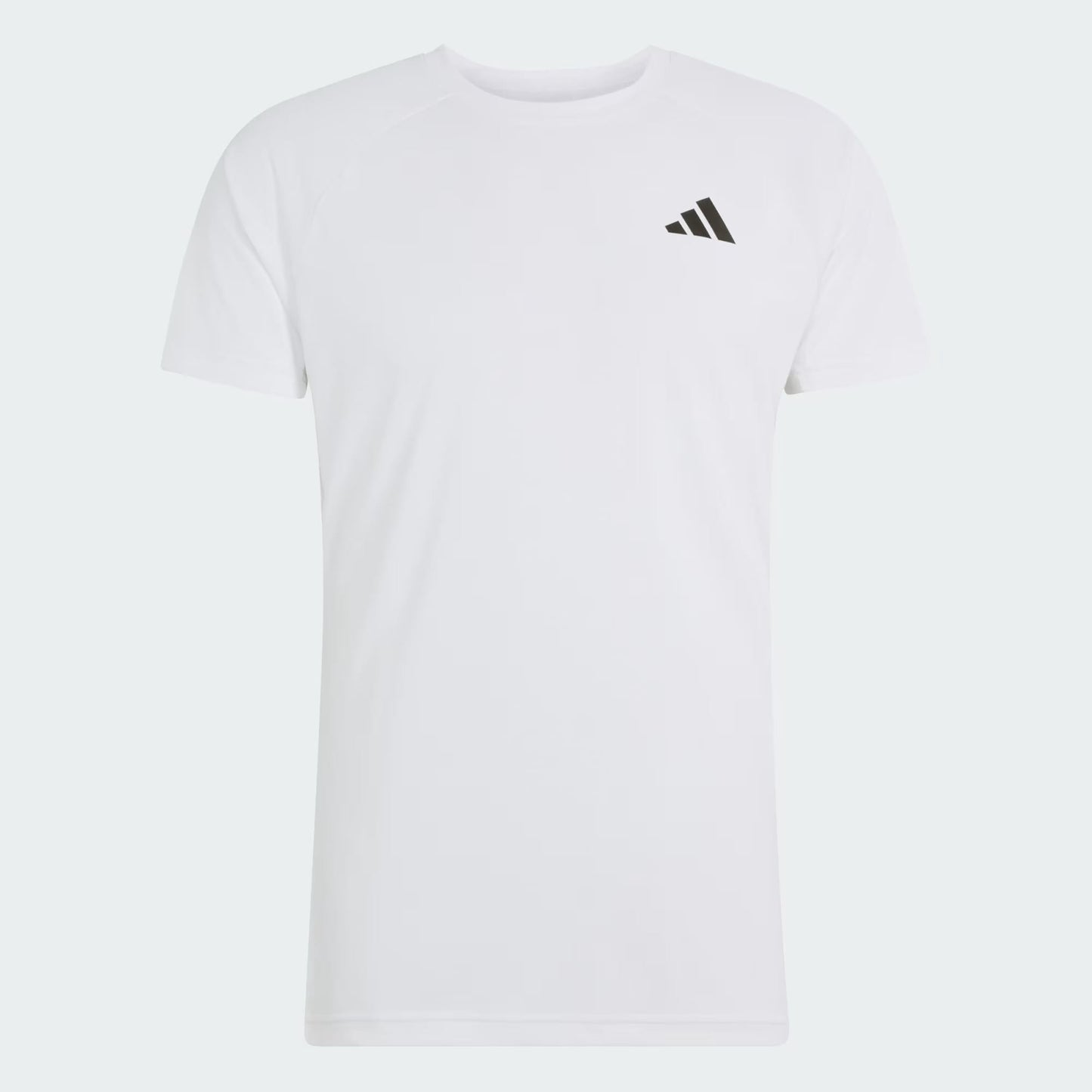 The adidas Climacool+ Freelift Pro Men’s Tennis T-Shirt in white features short sleeves and a small black adidas logo on the left chest. This performance tee, designed with adidas Climacool+ technology, is shown against a light background.