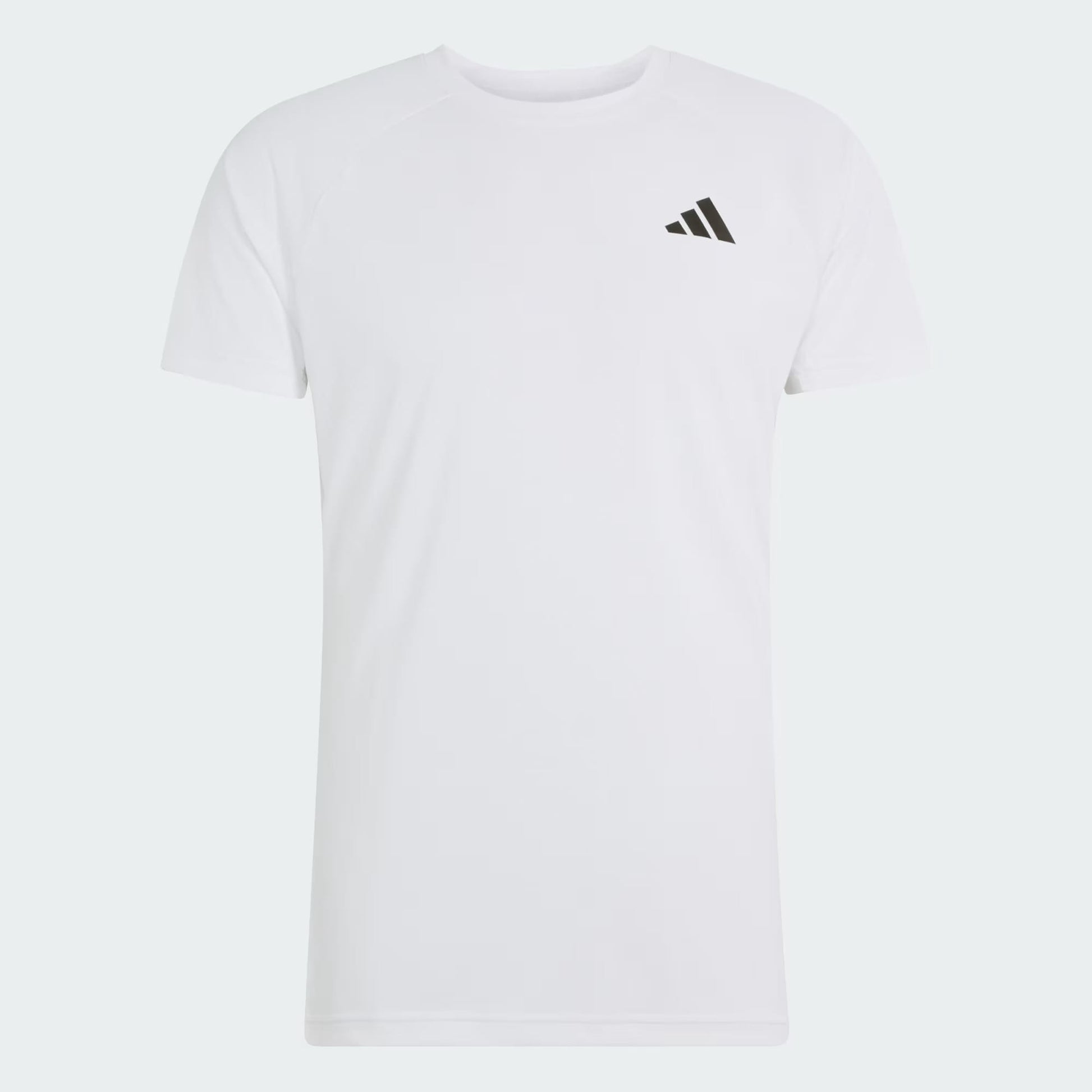 The adidas Climacool+ Freelift Pro Men’s Tennis T-Shirt in white features short sleeves and a small black adidas logo on the left chest. This performance tee, designed with adidas Climacool+ technology, is shown against a light background.