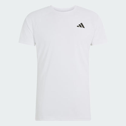 The adidas Climacool+ Freelift Pro Men’s Tennis T-Shirt in white features short sleeves and a small black adidas logo on the left chest. This performance tee, designed with adidas Climacool+ technology, is shown against a light background.