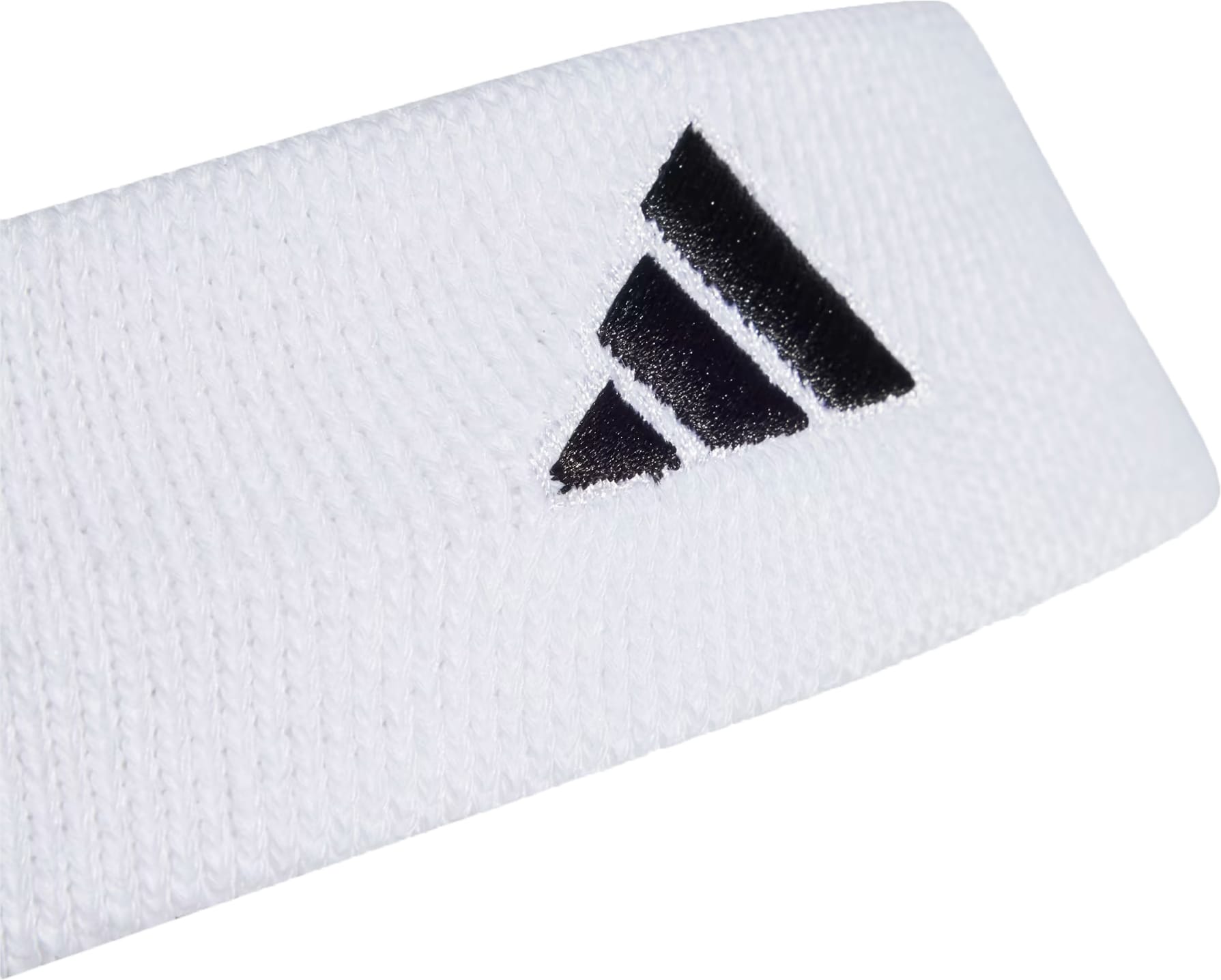 Close-up of the adidas Tennis Headband - White, made from absorbent knitted fabric and featuring the iconic black adidas logo; ideal for active performance.