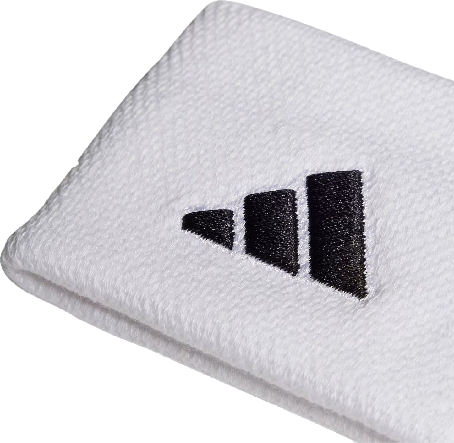 A close-up of the adidas Small Tennis Wristband in white, featuring the black adidas logo with three diagonal stripes—a small wristband made by adidas.