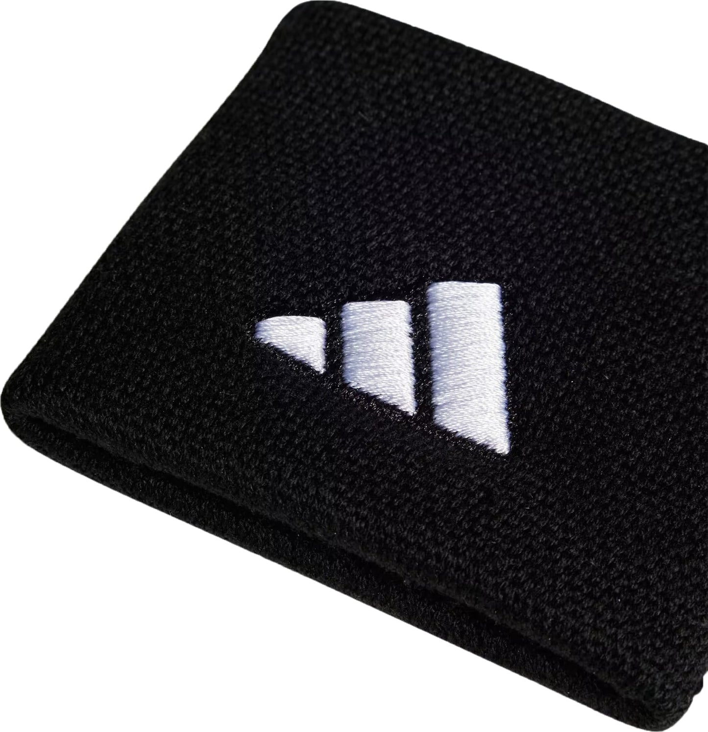 Close-up of the adidas Small Tennis Wristband - Black, a stylish and sweat-absorbent accessory featuring the white adidas three-bar diagonal logo on a plain background.