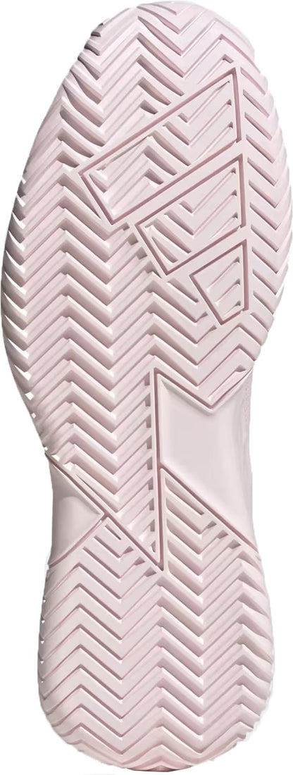 Close-up of the sole from the adidas Defiant Speed 2 Womens Tennis Shoes in Distilled Pink, highlighting a herringbone tread pattern and geometric shapes that enhance traction and grip—a distinctive feature of these lightweight adidas tennis shoes designed for women.