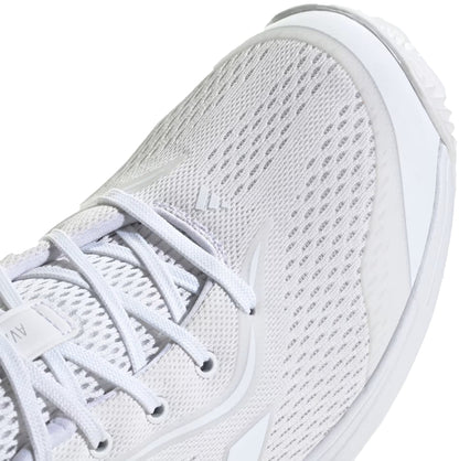 Close-up of the adidas AvaFlash 2 Womens Tennis Shoes in Cloud White/Silver Metallic, showing a breathable mesh upper, white laces, textured rubber sole, and subtle logo details on the side.