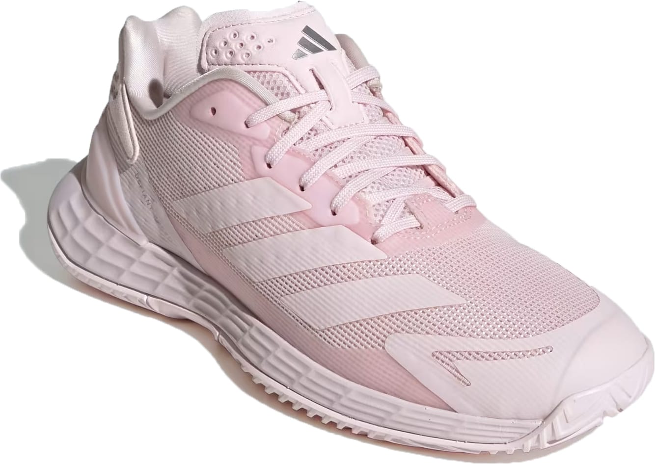 The adidas Defiant Speed 2 Womens Tennis Shoes in Distilled Pink are lightweight athletic shoes ideal for women’s tennis. They feature signature white adidas stripes, a breathable mesh upper, textured sole, and laces. The adidas logo appears on the tongue. Modeled after the Defiant Speed 2 silhouette, this shoe is shown angled slightly to the left on a clean white background.