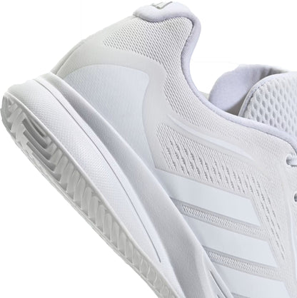 Close-up of the adidas AvaFlash 2 Womens Tennis Shoes in Cloud White/Silver Metallic, highlighting the mesh upper, textured rubber sole, subtle stripes, and lightweight design—ideal for tennis players seeking comfort from adidas.