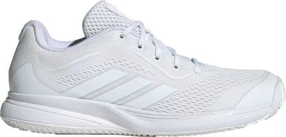 The adidas AvaFlash 2 Women’s Tennis Shoes in Cloud White and Silver Metallic feature a mesh upper, subtle side stripes, white laces, and a textured sole; shown from the side on a plain white background.