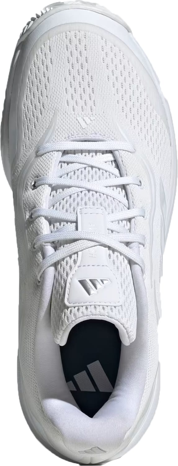 A top view of the adidas AvaFlash 2 Womens Tennis Shoes in Cloud White/Silver Metallic, featuring a breathable mesh upper, white laces, and subtle branding for lightweight comfort and style on the court.