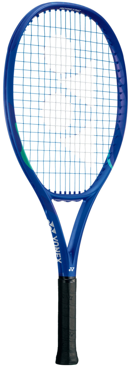 The Yonex EZONE 25 Junior Graphite 2025 Tennis Racket in Blast Blue features white and green accents, a black grip handle, and blue strings, displayed against a white background.